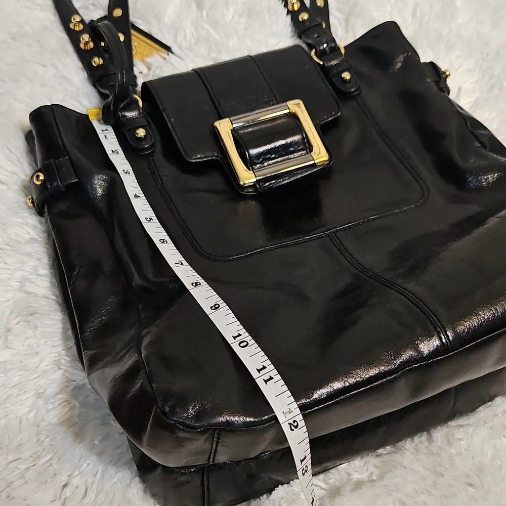 Badgley Mischka Black Patent Leather Tote Bag‎ Gold Buckle Shoulder Bag